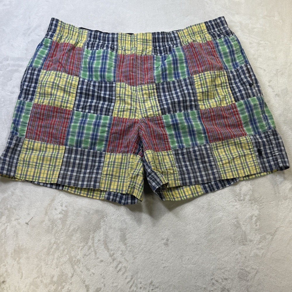 Polo Sport Ralph Lauren Y2K Patchwork Madras Swim Trunks XXL VTG 6in Prepster